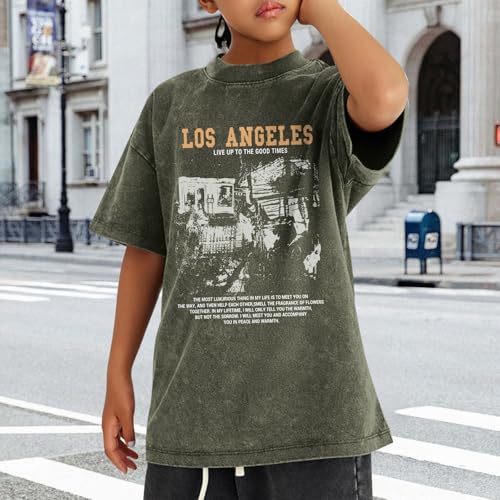 Image of Oversized Boys Graphic Tees Acid Wash Los Angeles Tshirt Youth Cotton T Shirt Crewneck Tee Kids Short Sleeve Tops