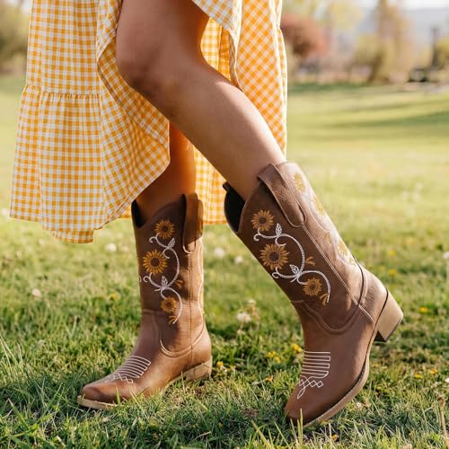 Image of Cowboy Boots for Women - Mid Calf Western Sunflower Cowgirl Boots with Floral Embroidery, Square Toe Stitched Pull On Retro Design, Perfect for Country Idyll, Concerts and More