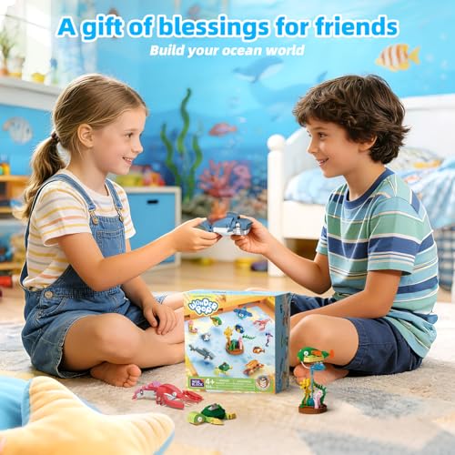 Image of Wise Block 556 PCS Ocean World Building Set,12 Packs Sea Animals Building Toy with Display Stand, STEM Educational Learning Toy, Birthday Gift for Boys Girls Ages 4+, Beach Toy with Shark & Turtle