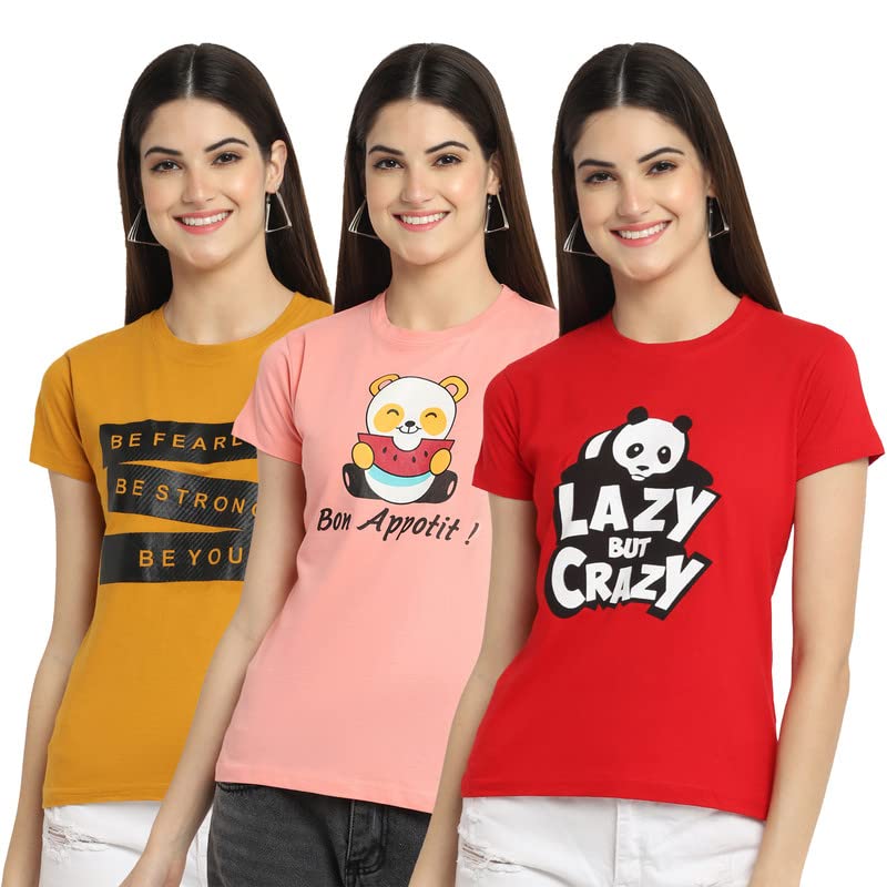 Image of Preneum Women's Cotton Regular Fit Graphic Stylish Printed Short Sleeves Casual T-Shirt || Trendy & Style (Pack 3)