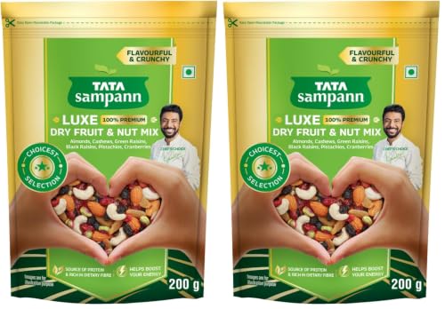 Image of Tata Sampann Luxe Dry Fruit & Nut Mix, 200g, Source of Protein, Magnesium & Phosphorus, Rich in Dietary Fiber, Flavourful & Crunchy Snack, Almonds, Cashews, Green Raisins, Black Raisins, Pistachios, & Cranberries