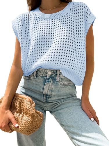 Image of Womens Summer Crochet Tops Hollow Out Cap Sleeve Cover Up Tank Top Pullover Sweater Vest Beach Vacation Clothes