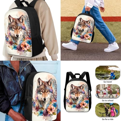 Renewold 3pcs Kids Teens Backpack Set Wolf Flower Print with Lunch Box Pencil Case Preschool Primary Middle School Student Bookbag School Backpacks Laptop Backpack Boys Girls Book Bag2