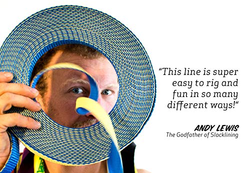 Gibbon Slacklines Flowline With Treewear, Yellow/Blue, 82Ft (74 Ft Line + 8Ft Ratchet Strap With Reinforced Loop) 1" Line, 2 X 2 Ratchet Straps Of 2.5M Length, Tree And Line Protection (Black Felt) #TOP3