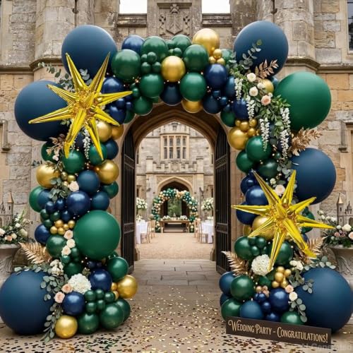 Image of Navy Blue Green Balloon Arch Double Stuffed Dark Emerald Green Blue Gold Balloon Garland Kit with Star Foil Balloons for Birthday Graduation Anniversary Baby Shower Christmas Party Decorations