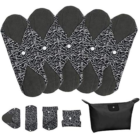 LIVEHITOP Large Reusable Sanitary Towels - 5 Pack L Heavy Flow Washable Menstrual Pads Postpartum Nursing Nappy Bamboo Charcoal Polyester with Storage Bag Valentine's Day Gift for Women Cover