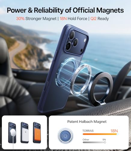 Image of TORRAS Upgrade 360 Magnetic Stand for iPhone 17 PRO Case, Fit for MagSafe | Camera Control Button, Mil-Grade Protection, Slim Soft Edge Translucent Back for iPhone 17Pro 6.3 inch, Deep Blue