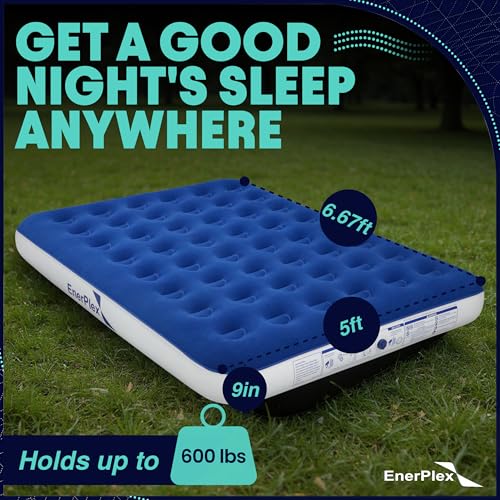 Image of EnerPlex Camping Air Mattress with Built in Pump - Queen Blow Up Mattress for Travel & Guests - Portable Bed for Adults and Kids - Blue