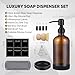 NEECZS Kitchen Soap Dispenser Set with Instant Dry Tray,16 Oz Hand and Dish Soap Amber Glass Dispenser Set,Stainless Steel Pump,Waterproof Labels&Dish Brush,Luxury Soap Bottle for Kitchen,Bathroom