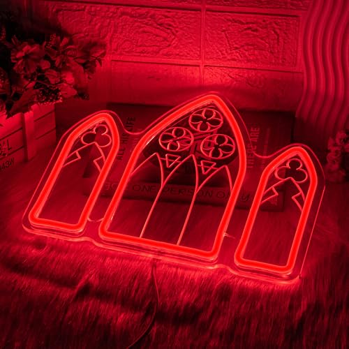 Image of Gothic Window Neon Sign Horror Red Neon Signs for Wall Decor, Dimmable Gothic Medieval Cathedral Neon Art, Red LED Light Sign for Haunted House Man Cave Halloween Party Gifts