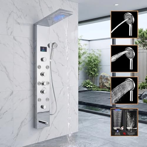 ZeeCry Thermostatic Shower Panel Matte Black Adition 5 in One shower System | Multifunction Body Massage Spray Handheld Shower | Wall Mount Easy Connect Stainless Steel (Chrome)