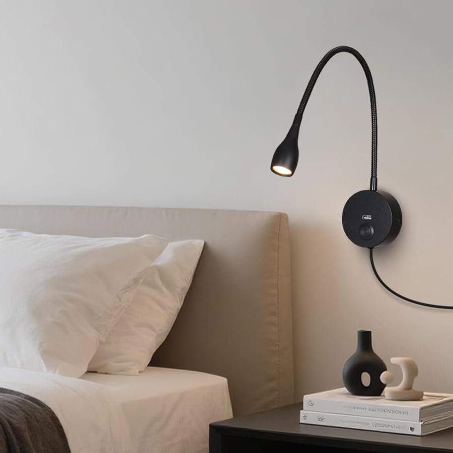 Image of LED Reading Lamp 3W Warm White 3000K Touch Dimming Switch USB A Charger for Reading Books Black Plug Cord 1 Pieces (US028-BK)
