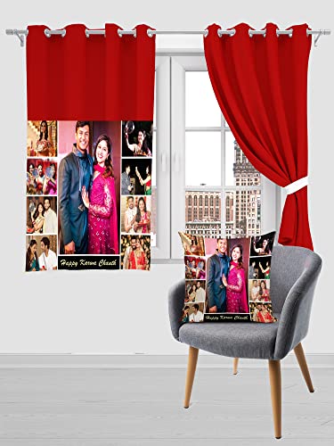 Image of Crush Fabric Photo Personalise 1 Curtain & 1 Cushion with 8 Eyelet for Living Room Bedroom Home Office 4 x 5 Feet Style 134 (Set of 2) (Red)