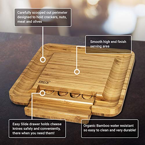 Bamboo Cheese Board and Knife Set - Wood Charcuterie Board Set - Serving Meat & Cheese Board with Slide-Out Drawer for Cutlery - 4 Stainless Steel Knives and Server - Thumbnail 5