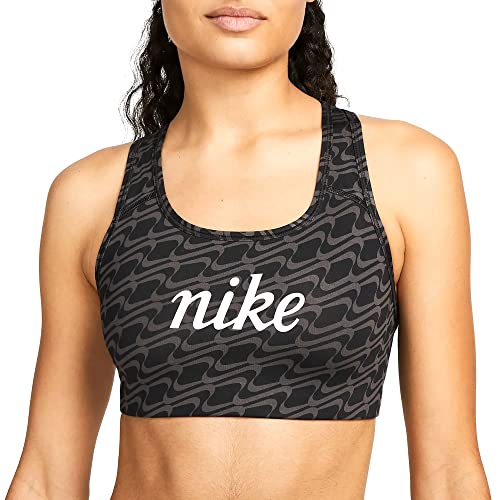 Top Nike Dri-FIT Swoosh Icon Clash Suporte Médio Feminino (BR, Alfa, M, Regular, Preto, cinza escuro e branco)