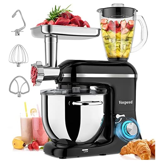 Batidora Amasadora 9 en 1 Multifunción Vospeed, Robot de Cocina 1500W, 8.5L 6 Velocidades, Licuadora, Picadora, Rodillo de pasta-negro