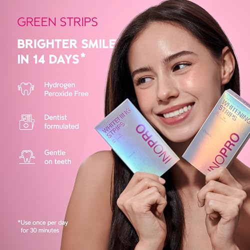 Image of InoPro Teeth Whitening Strips 14 Treatments Kit - Enamel Safe Teeth Whitener, Peroxide-Free, Green White Strips for Teeth Whitening with Arbutin, Coconut Oil, Deep Stains Removal (28 Strips)