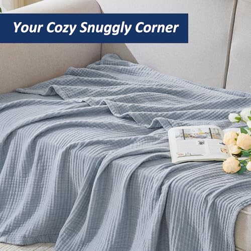 Image of EMME Cotton Muslin Queen Blanket Bed Layering Bedspread Coverlet Breathable Gauze Soft Lightweight Blankets (Heather Dusty Blue, 90 inchx90 inch)