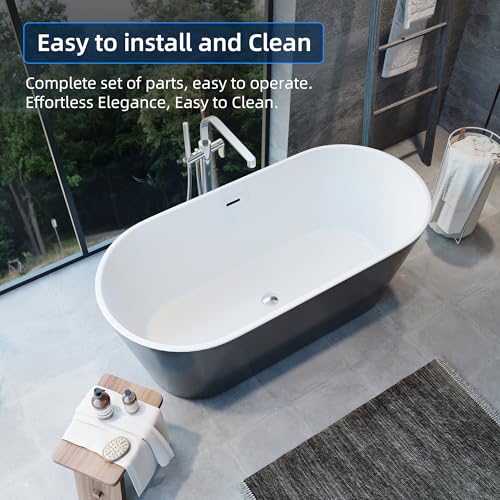 Image of 59 Inch Freestanding Bathtub, Acrylic, Deep Soaking Tub with Non-Slip Base, Modern Black Free Standing Tub for Bathrooms, cUPC Certified with Chrome Drain
