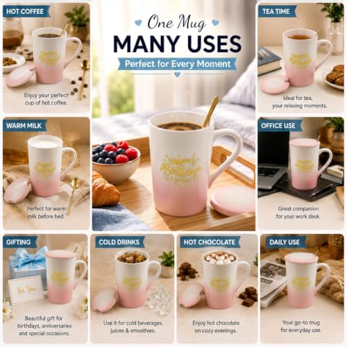 Image of ZAICUS Happy Birthday Coffee Mug with Lid & Spoon, Ceramic Cup for Women | Suitable for Hot & Cold Beverages | Ideal Birthday Gift | Elegant Pink Gradient Finish