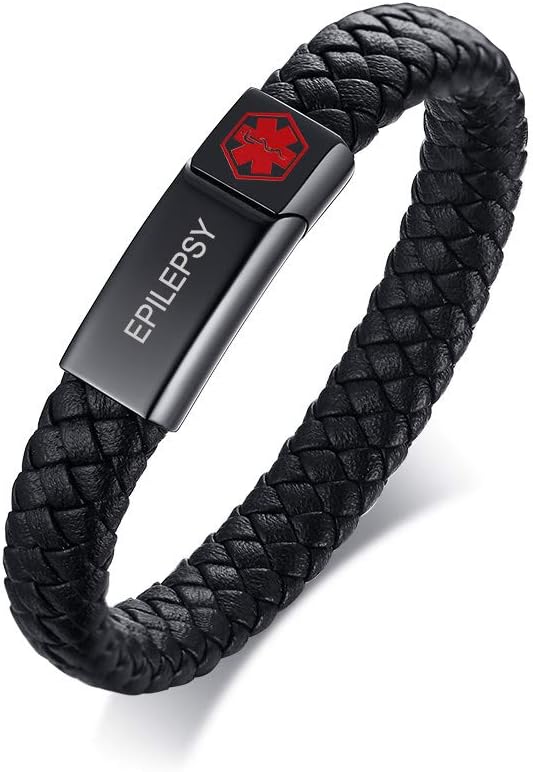 MEALGUET Custom Braided Genuine Leather Medical ID Wristband Mens Medical Alert Leather Bracelet with Stainless Steel Clasp