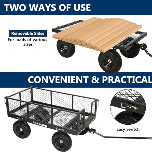 Image of BILT HARD 10 inch Flat Free Tires Heavy Duty Garden Cart with 180 Rotating Handle and Removable Sides, 4 Cu.Ft 400 lbs Capacity Utility Steel Wagons for Outdoor