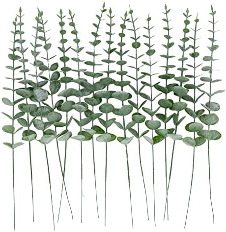 HOMBEMO 15PCS Artificial Eucalyptus Stems Decor, Fake Dried Eucalyptus Leaves Real Touch, Faux Greenery Leaf Branches for Flower Floral Wedding Bouquet Farmhouse Home Decoration