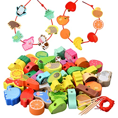 Vesaneae 42 Pièces Grosse Perle en Bois, Perle en Bois Enfant, Jouets de Filetage en Bois avec Perles Fruits, Fruit Légume Animal Perles en Bois, Cadeaux d'anniversaire pour Garçons Filles