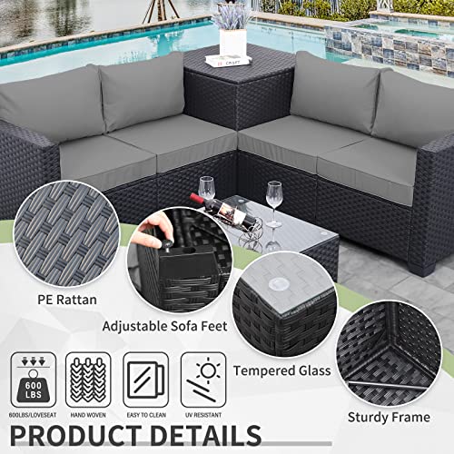 Outdoor-PE-Wicker-Patio-Furniture-Set-4-Piece-Black-Rattan-Sectional-Loveseat-Couch-Set-Conversation-Sofa-with-Storage-Box-Glass-Top-Table-and-Non-Slip-Grey-Cushion Outdoor PE Wicker Patio Furniture Set 4 Piece Black Rattan Sectional Loveseat Couch Set Conversation Sofa with Storage Box Glass Top Table and Non Slip Grey Cushion