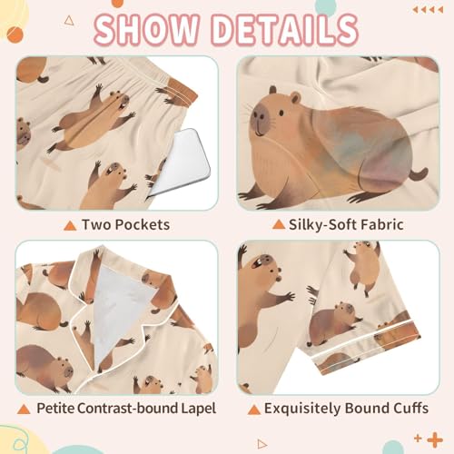 senya Cute Capybara Dancing A Satin Summer Pajama Sets Silk Short Sleeve Button Down Sleepwear3