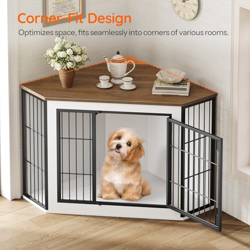 HOOBRO Corner Dog Crate Furniture, Decorative Dog Kennel End Table, Farmhouse Dog Crate TV Stand for Small and Medium Dogs, Walnut, White and Black BWH90GW03 - Image 5