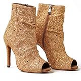 URYZE Women's Ballroom Dance Shoes Open Toe Gold Sequins 3.3 Inch Stiletto Heel Performance Dance Boots