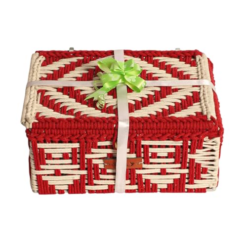 Image of Kaahira Handmade Decorative Storage Box and Organiser | Macrame Gift Hamper Box for Cosmetics, Toiletries & Return Gifts | Aesthetic Rope Woven Organizer (Red and White, Medium - 10x8x4 inches)