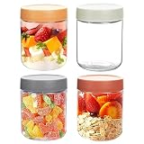 4 pack 16oz Thick Glass Jar with Lid for Overnight Oats,Reusable Leak Proof Wide Mouth Mason Jar perfect for Overnight Oats Fruit Salad Dressing Snacks Cereal Sauce Beans Condiment,Dishwasher Safe