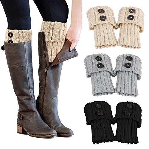 PHOGARY 3 Pairs Winter Warm Boot Cuffs for Women, Crochet Knitted Warm Socks for Girls Short Leg Warmers Boot Topper Socks Leg Cuffs Gift (Black+Beige+Grey)