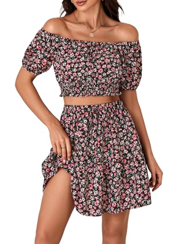 Vrtige Women's 2 Piece Outfits Floral Off Shoulder Short Sleeve Crop Top and Ruffle Mini Skirt Set
