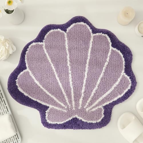 Image of YRXRUS Seashells Bathroom Rug, Purple Bathroom Rugs, Ocean Decor Shell Bath Mat Gifts, Cute Seashell Shaped Bath Rugs for Sea Room Decor, Machine Washable & Non-Slip Bath Mat, 26x30 Inch Carpet