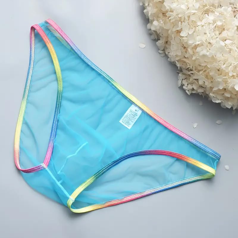 3Pcs Men's Underwear Ultra Thin Transparent Rainbow Mesh Panties Colorful Borders Briefs, for Casual Attire2