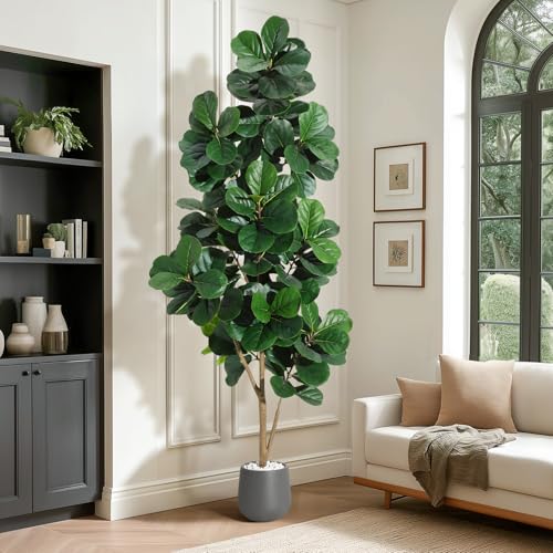 7 ft Fiddle Leaf Fig Tree Artificial with 141 Leaves - Realistic Faux Ficus Lyrata Trees in 9 in Grey Planter Pot, Indoor Fake Floor Plants for Home O