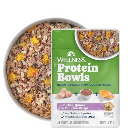 Wellness Protein Bowls Adult Wet Dog Food, Fresh Alternative, Wholesome Grains, Natural, Chicken, Quinoa, and Pumpkin Recipe, 6.2 oz, Pack of 6 Pouches