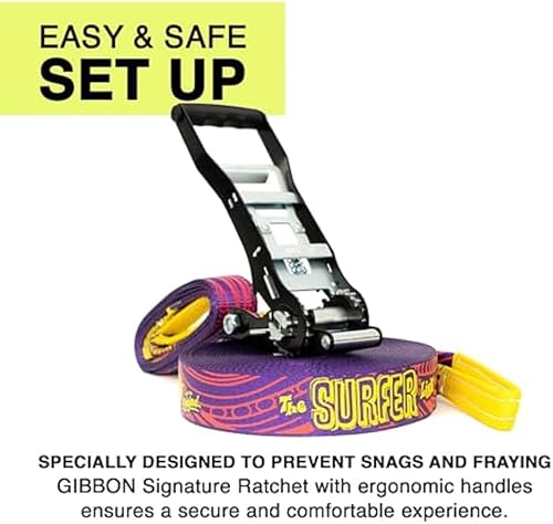Miniatura 6 de GIBBON Slacklines Surferline con ropa de árbol, morado, 98 pies (línea de 90 pies + correa de trinquete de 8 pies con lazo reforzado) incl.