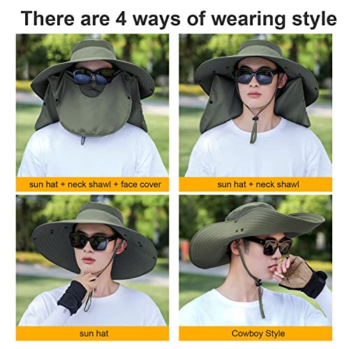 Image of Women Wide Brim Face Mask Sun Hat Detachable Neck Face Flap Ponytail UV Protection Visor Hat Garden Fishing Hiking