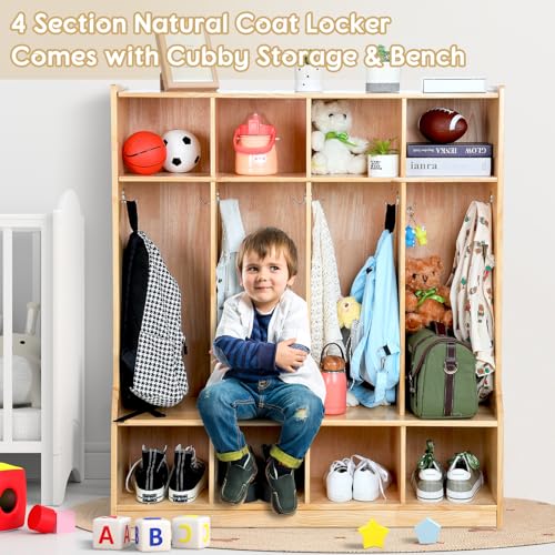 Image of Colingmill 4 Section Coat Locker with Bench Daycare Cubbies for Classrooms Natural Pine Finish Wooden Backpack Cubby Storage Organizer with Hooks for Daycare Classroom and Home