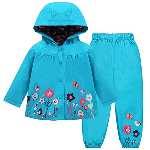 LZH Bambino Impermeabile Ragazza Pioggia Giacca con Cappuccio + Pantaloni Set