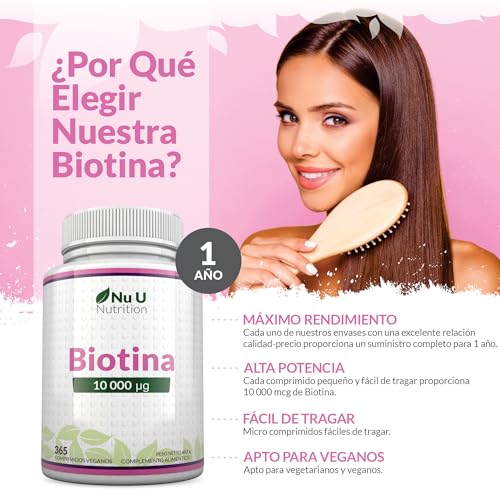 Miniatura 4 de Biotina para el Cabello 10,000 mcg - 365 Comprimidos Veganos - 1 Año de Suministro - Vitamina B7 para Mujer y Hombre - Biotina para Piel, Uñas y Barba - Nu U Nutrition