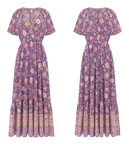 Image of R.Vivimos Women's Summer V Neck Maxi Dress Boho Floral Print Short Sleeve Elastic Waist Ruffle Patchwork A-Line Beach Dress