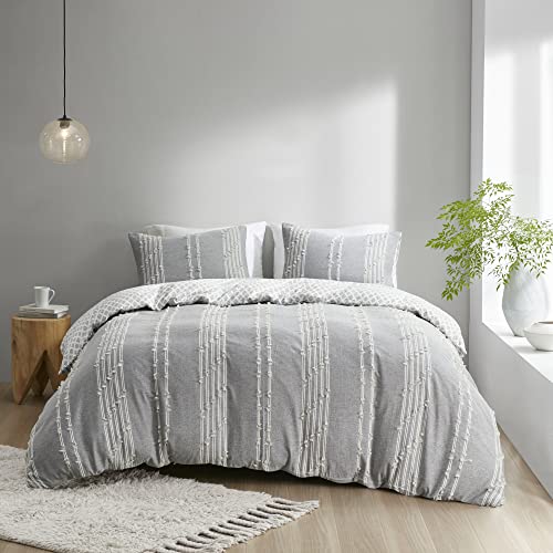 Image of INK+IVY Cotton Duvet Cover Queen Size - 100% Cotton Duvet Cover Set, Boho Bedding Set for All Seasons Farmhouse Bedding Duvet & Sets with 2 Pillowcase, Jacquard Stripes, Grey 3 Piece Full /Queen