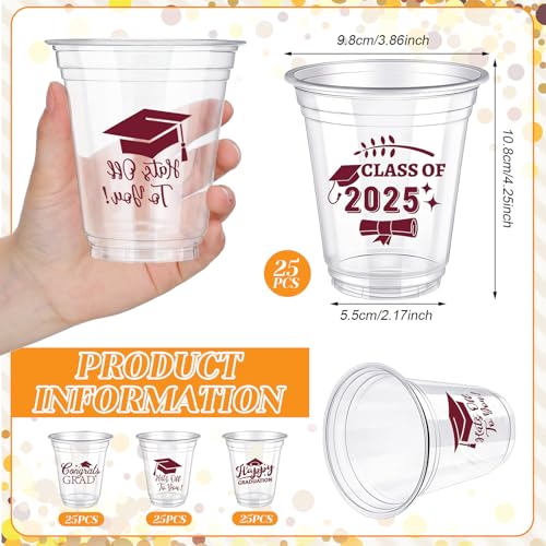 Eaasty 100 Pcs 12oz Graduation Cups 2025 Disposable Graduation Plastic Cups Class of 2025 Graduation Party Cups for Congrats Grad Elegant Party Supplies Tableware Decorations (Wine Red)