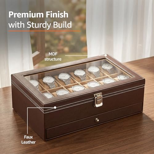 Image of Amazon Basics Sliding Drawer 12-Slot Watch and Jewelry Organizer - Faux Leather & MDF Storage Box for Men and Women, Brown