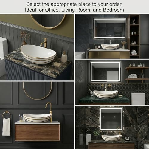 Image of BASSINO 24x14x6 Inches Ceramic Table Top Wash Basin /Designer Bathroom Sink /Countertop Vessel Basin /Luxury Washbasin /Above Counter Basin for Bathroom /Vanity Sink for Dining Hall(Glossy White & Gold)